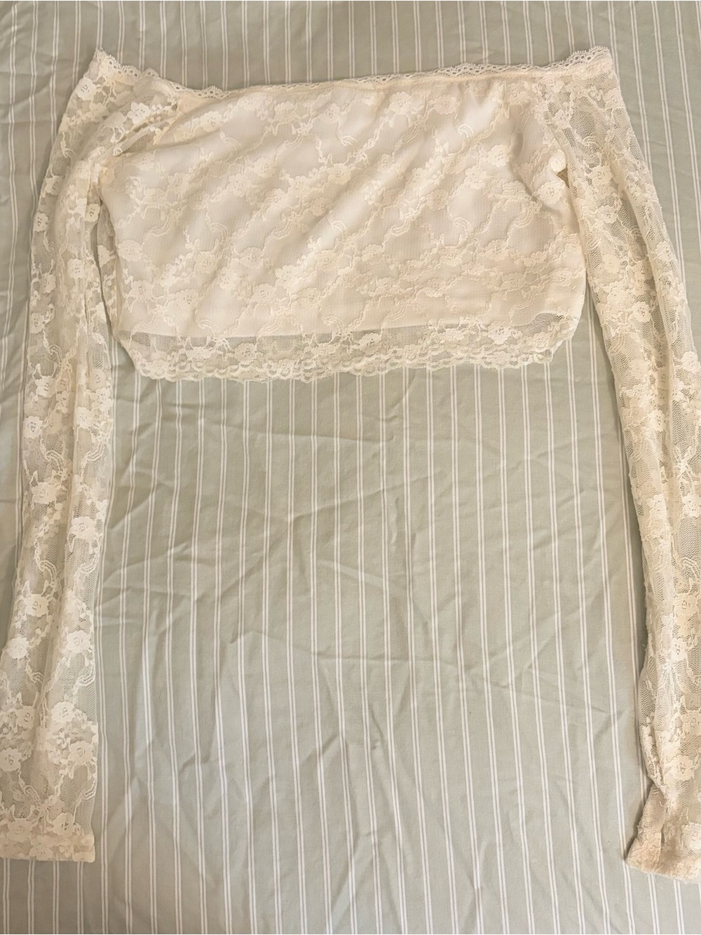 Off-Shoulder Cream Lace Bandeau Top with Sheer Long Sleeves